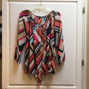 Pink, orange, black, white 3/4 sleeve blouse.